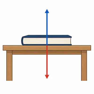 A book on a desk with equal upward and downward force arrows.