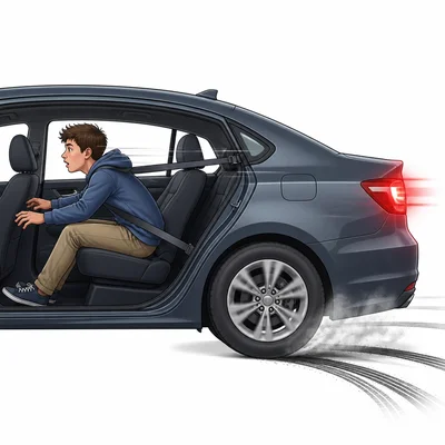 A car braking suddenly while a passenger leans forward against a seat belt.