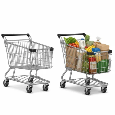 An empty shopping cart beside a full shopping cart.