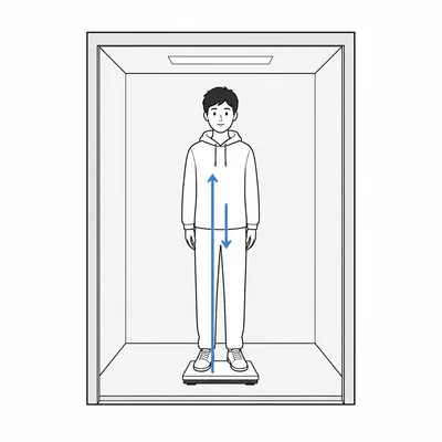 Student on a scale in an elevator with upward normal force larger than downward weight.