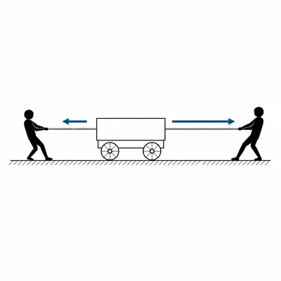 Two students pull a cart in opposite directions, with the rightward pull larger.