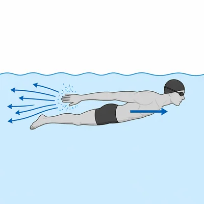 Swimmer pushes water backward and is pushed forward.
