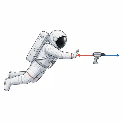 Astronaut pushes a tool one direction and the tool pushes astronaut opposite.