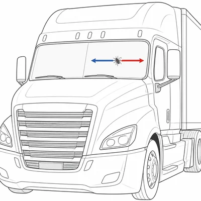 Bug and truck windshield collide with equal opposite force arrows.