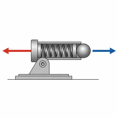 Spring launcher pushes ball forward while launcher recoils backward.