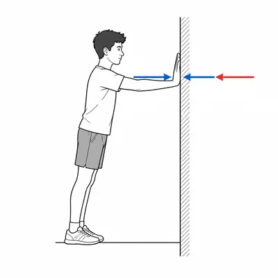 Student pushing a wall with equal opposite force arrows at the contact point.
