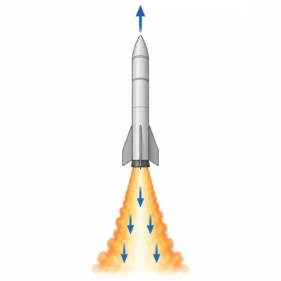 Rocket with exhaust pushed downward and rocket force upward.