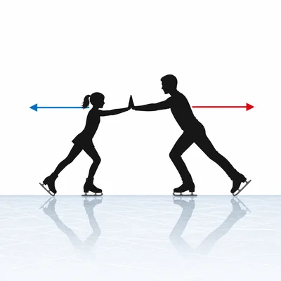 Two different-mass ice skaters push apart with equal opposite force arrows.