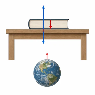 Book, table, and Earth showing contact force pair and gravitational force pair separately.