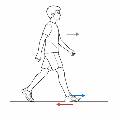 Walking foot pushes ground backward while ground pushes foot forward.