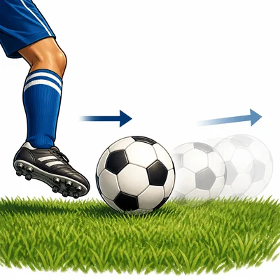 A soccer ball on grass being kicked by a player's foot.