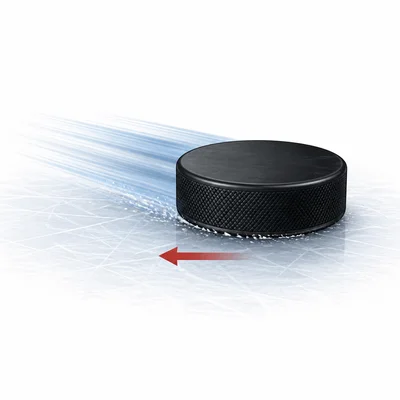 A hockey puck slides on ice while friction acts backward.