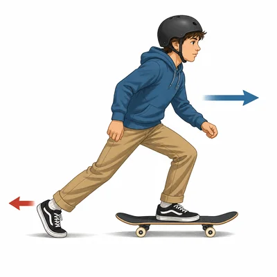 A skateboarder pushes backward on the ground and moves forward.