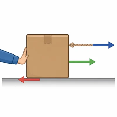 A box is pulled and pushed right while friction acts left.
