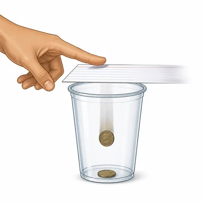 A card is flicked sideways while a coin drops into a cup.