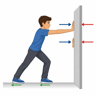 A person pushes a wall while friction at the shoes prevents sliding.
