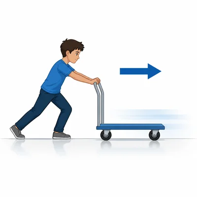A student pushes a wheeled cart across a smooth floor.