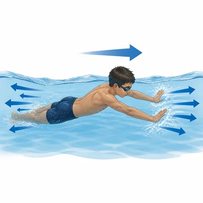 A swimmer pushes water backward and moves forward.