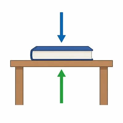A book rests on a table with balanced upward and downward arrows.
