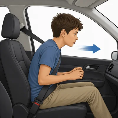 A seat belt holds a passenger during a sudden car stop.