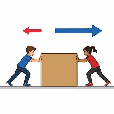 Two students push a box in opposite directions with unequal forces.