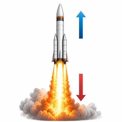 A rocket moves upward as gases shoot downward.