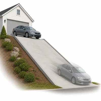 Car rolling down from the top of a steep driveway.
