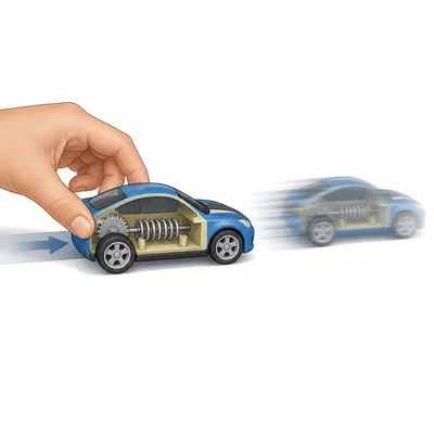 Spring-powered toy car pulled back and released.