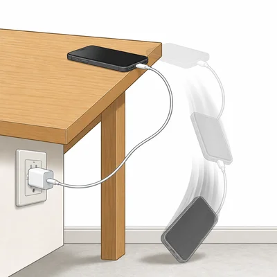Phone falling from a desk after charging.