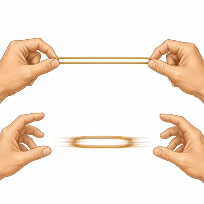Stretched rubber band held between fingers.
