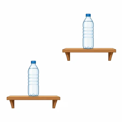 Two identical water bottles on shelves at different heights.