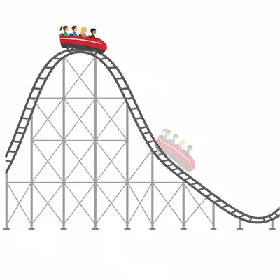 Roller coaster car moving down a large hill.