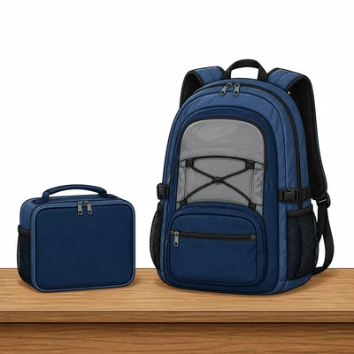 Backpack and lunchbox sitting on the same table.