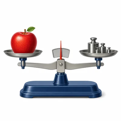 An apple balanced against metal masses on a pan balance.