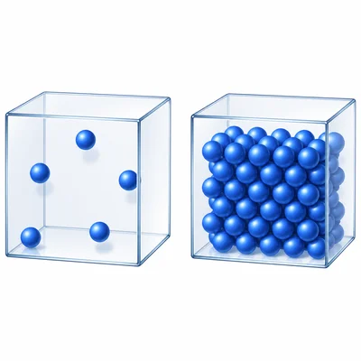 Two equal-size cubes show sparse particles in one and tightly packed particles in the other.
