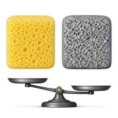 A same-size sponge and stone, with the balance tipped toward the stone.