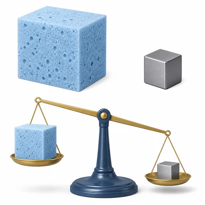 A large porous foam block and a small metal cube, with the scale tipping toward the metal cube.