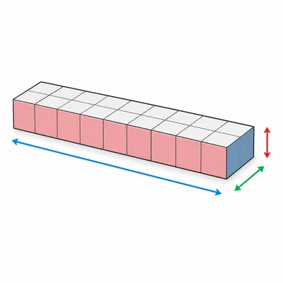 A rectangular eraser shown as a grid of unit cubes with dimension arrows.