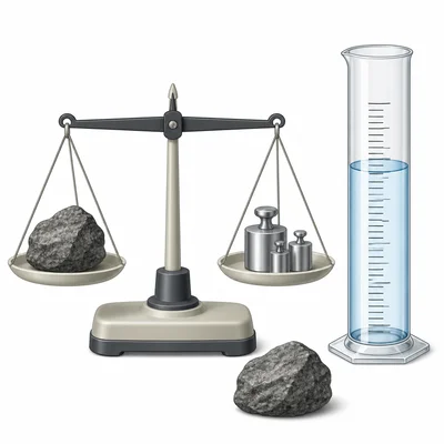 A rock with a balance scale and graduated cylinder for measuring mass and volume.
