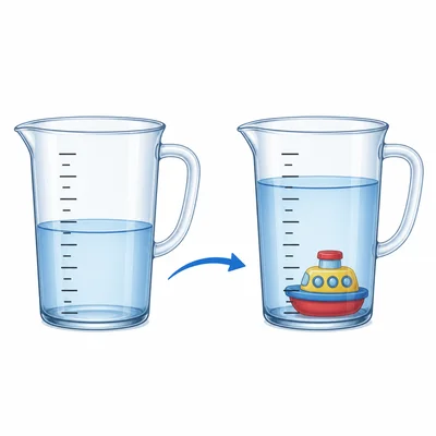 Two measuring cups show water rising after a small toy is dropped in.