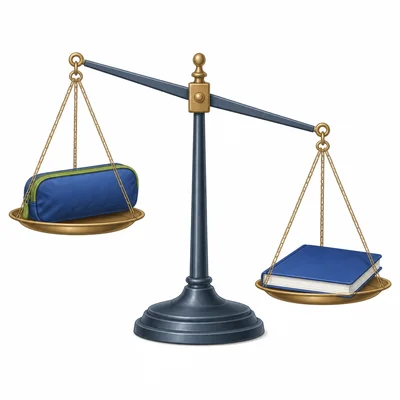 A balance scale tips downward on the side with a notebook compared with a pencil case.