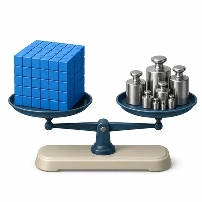 A cube made of unit cubes shown with a balance scale.