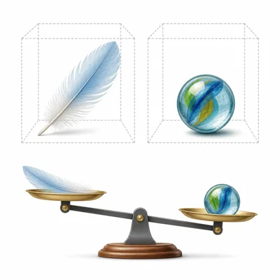 A feather and marble in equal-size boxes, with the balance tipped toward the marble.