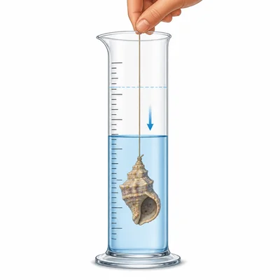 A shell being placed into a graduated cylinder to measure volume by water displacement.