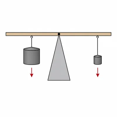 Balanced board on a center support with a larger weight closer on one side and a smaller weight farther on the other.