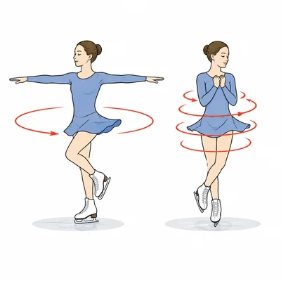 Two spinning skaters, one with arms extended and one with arms pulled inward, illustrating changing rotational speed.