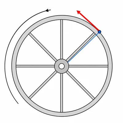 Spinning wheel diagram showing a rim point, its radius, and tangential velocity direction.