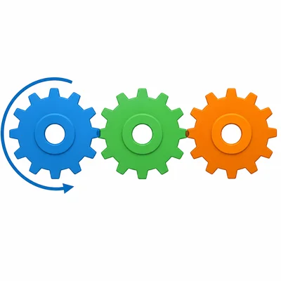 Three touching gears in a row, with the left gear turning clockwise.