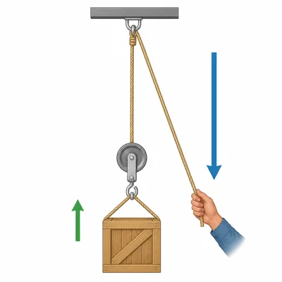 A pulley system shows a long rope pull and a shorter lift of the box.