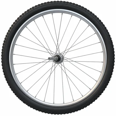 A bicycle wheel with spokes and a central axle hub.